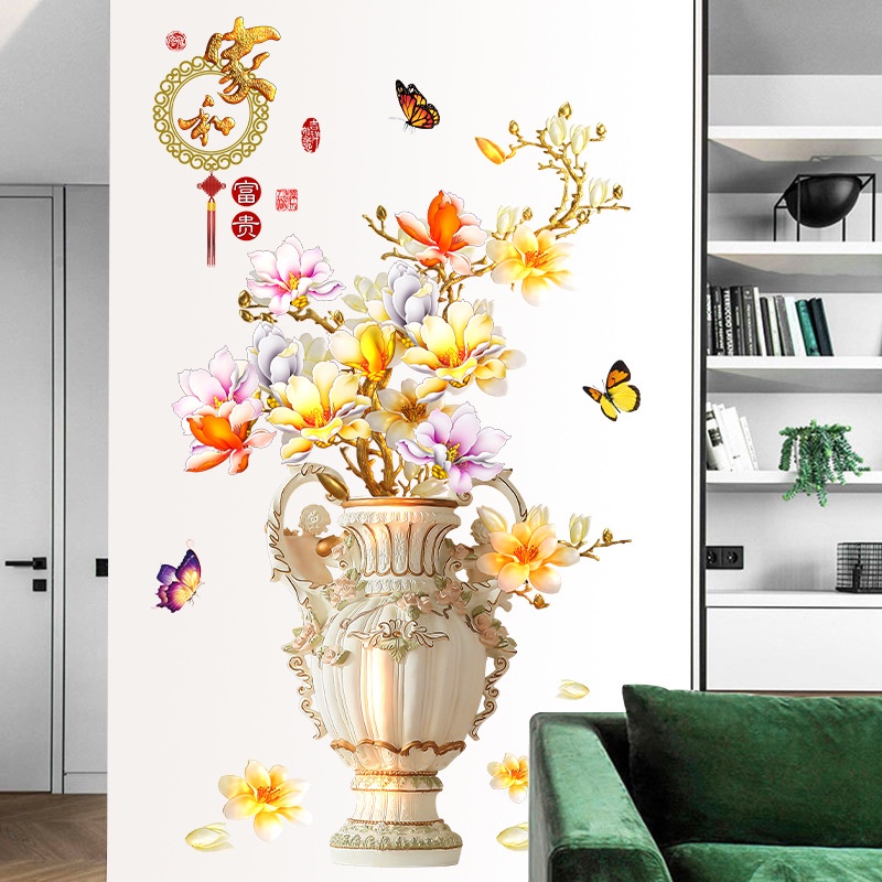 Decal dán tường ⚡️𝐅𝐑𝐄𝐄 𝐒𝐇𝐈𝐏⚡️ Decal bình hoa mai 3D 02 - PVC chống thấm nước, keo siêu dính