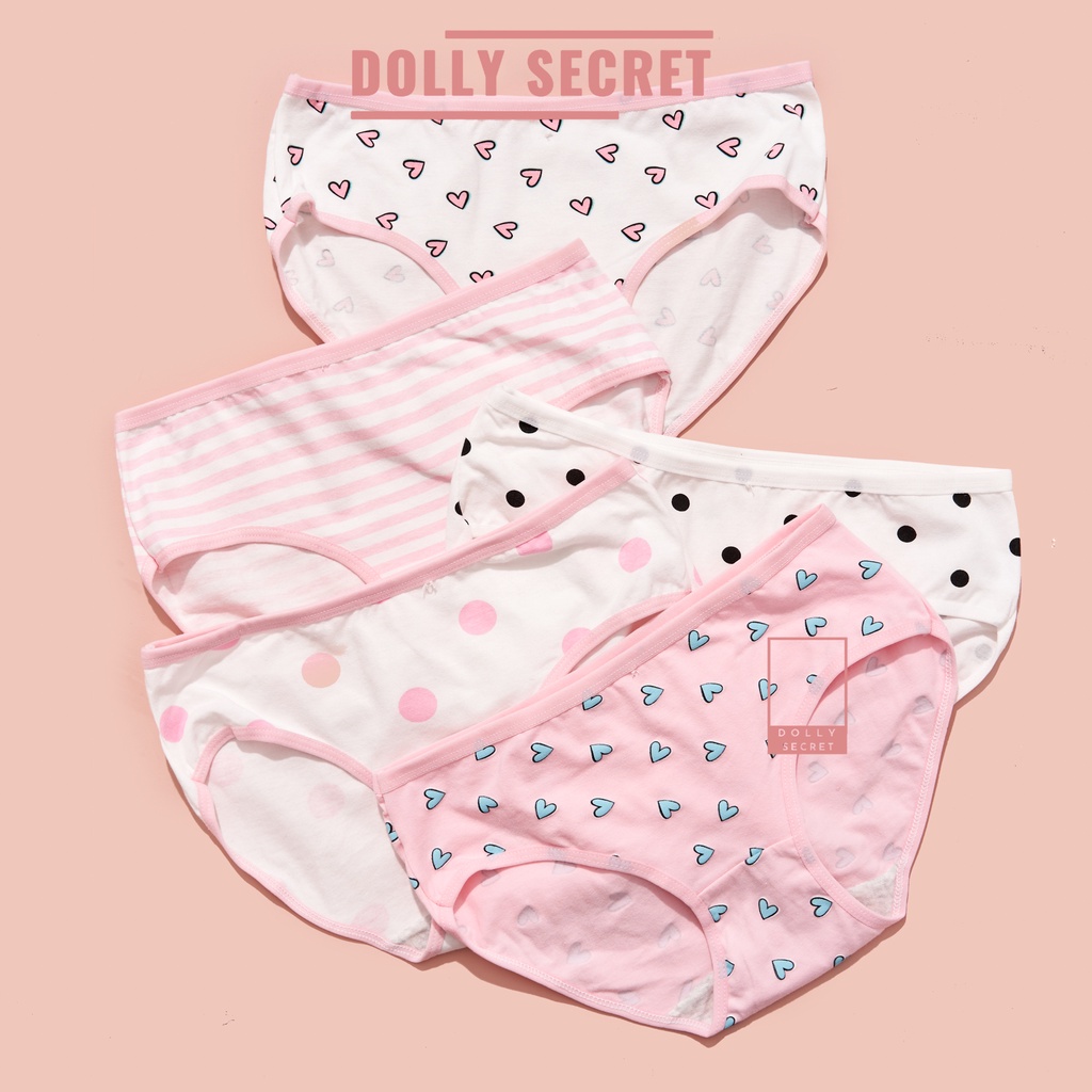 Quần lót nữ cotton phong cách nữ sinh màu trắng hồng họa tiết chấm bi kẻ ngang dễ thương đáng yêu DOLLY SECRET QL045