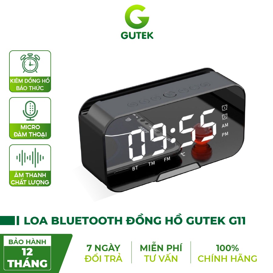 Loa bluetooth không dây kiêm đồng hồ báo thức Gutek G11 màn hình tráng gương