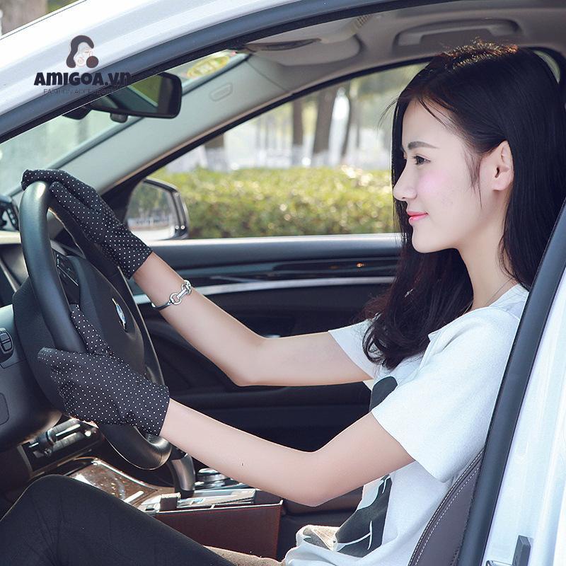 Găng Tay Chống Nắng Bằng Spandex Mỏng Dáng Vuông Họa Tiết Chấm Bi Thời Trang Cho Nữ