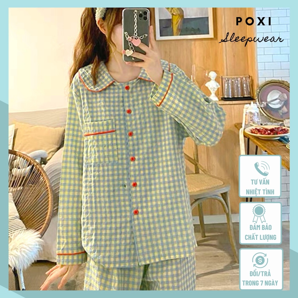 Bộ đồ ngủ pyjama mặc nhà sọc caro xanh viền đỏ siêu đáng yêu
