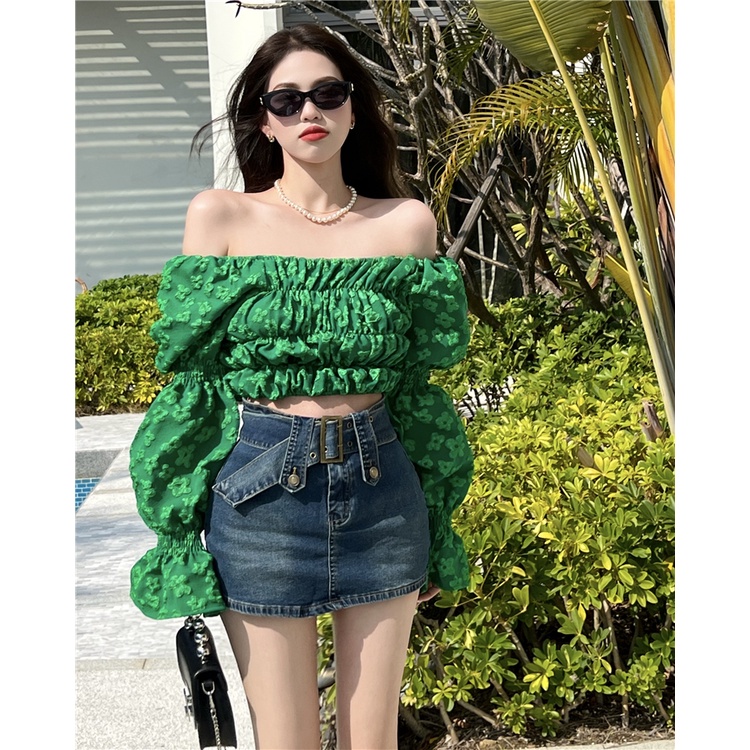 Set Áo Trễ Vai Dài Tay + Quần Short Denim Ống Rộng Thời Trang Nữ