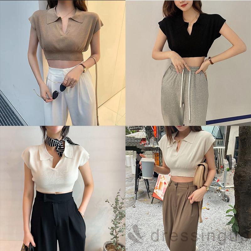 Áo thun dệt kim tay ngắn màu trơn hở rốn phong cách thời trang cho nữ
