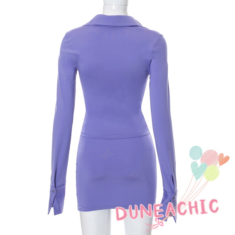 DUNEA Bộ Áo Polo Dài Tay + Chân Váy Xinh Xắn Dành Cho Nữ