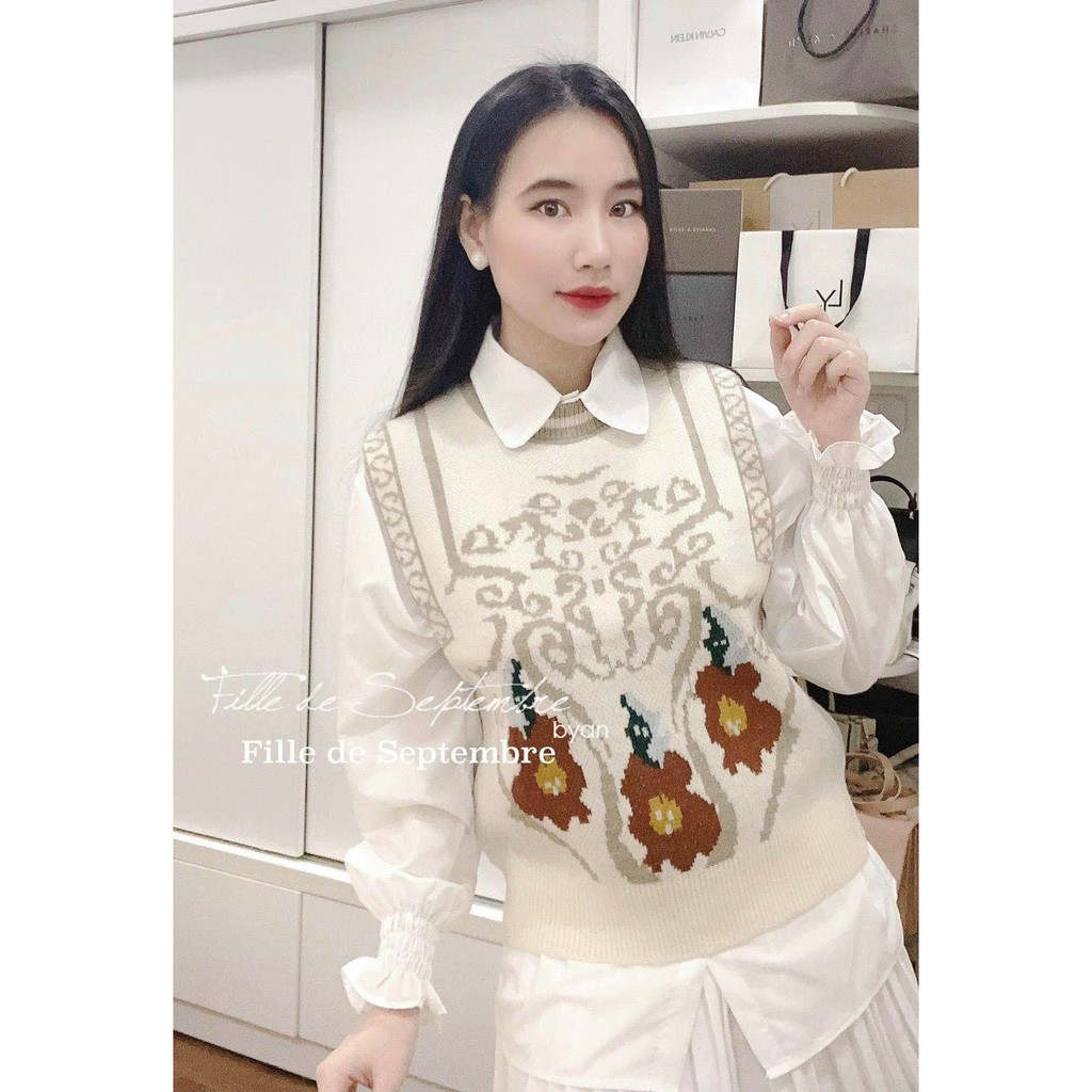 Áo gile len nữ thổ cẩm màu trắng xanh be phong cách ulzzang hàn quốc thời trang yolo fashion