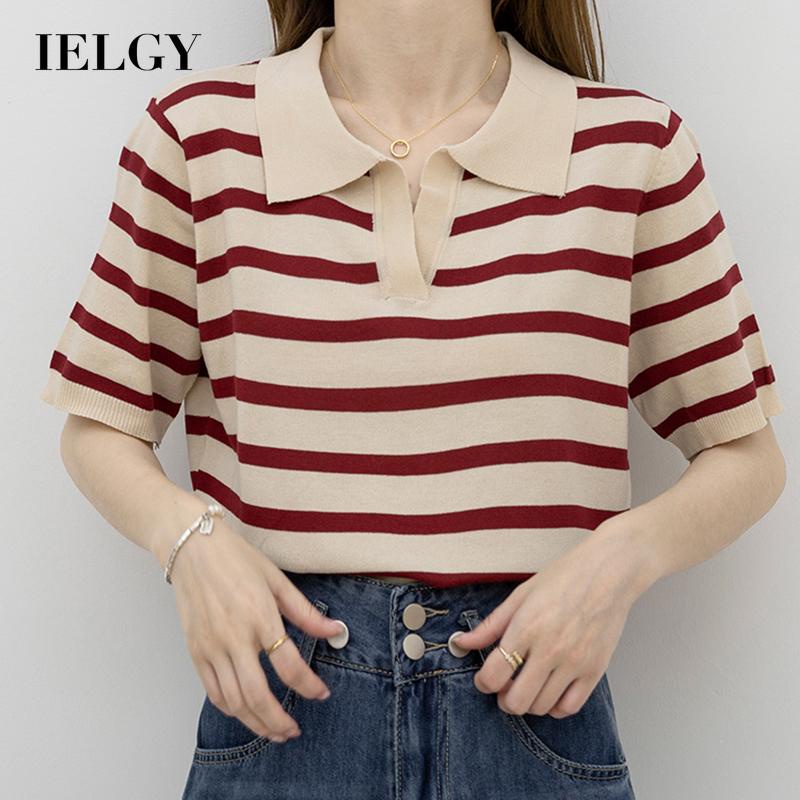 Áo polo IELGY dệt kim tay ngắn cổ bẻ họa tiết kẻ sọc cho nữ