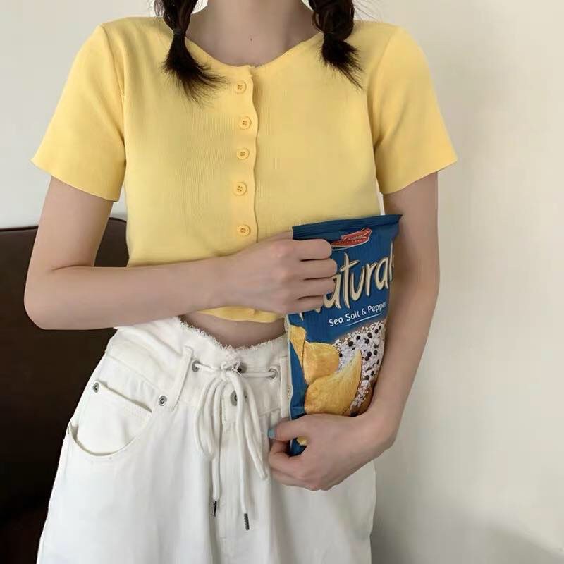 「HOME5」 Áo len croptop AimeiBeauty tay ngắn trẻ trung