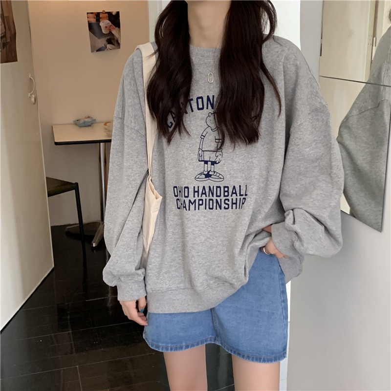 ZHELIHANGFEI Áo Nỉ Cổ Tròn Form Rộng Họa Tiết Hoạt Hình Vui Nhộn