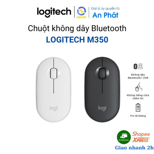 Chuột không dây Logitech Pebble Wireless M350 - Bluetooth/ USB, nhỏ gọn, giảm ồn, MacOS / PC