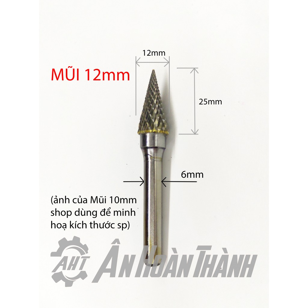 Mũi Mài Hợp Kim Vonfram Siêu Cứng – Cán 6mm – Hình Chóp Nón 2 Xoáy