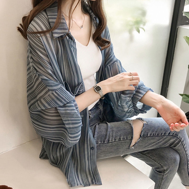 Áo sơ mi chiffon RENJIANVSHENG dáng rộng kẻ sọc tay phồng phong cách Hàn Quốc thời trang cho nữ