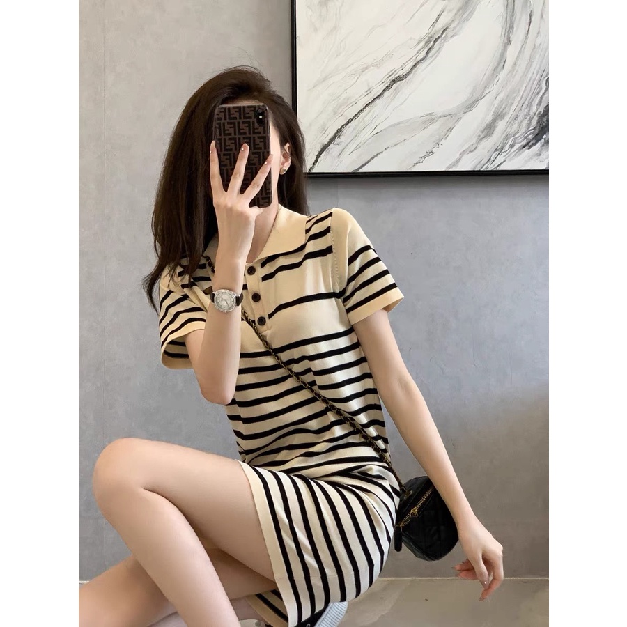 Váy polo dệt kim nữ - Đầm dáng suông kẻ ngang tay ngắn cổ đức phong cách Hàn Quốc | BigBuy360 - bigbuy360.vn