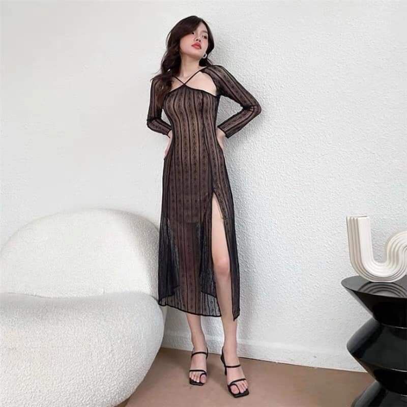 ( ẢNH THẬT SHOP TỰ QUAY CẬN CẢNH CHẤT VẢI ) Đầm midi xẻ tà phiên bản ren nổi siêu hot tiktok | BigBuy360 - bigbuy360.vn