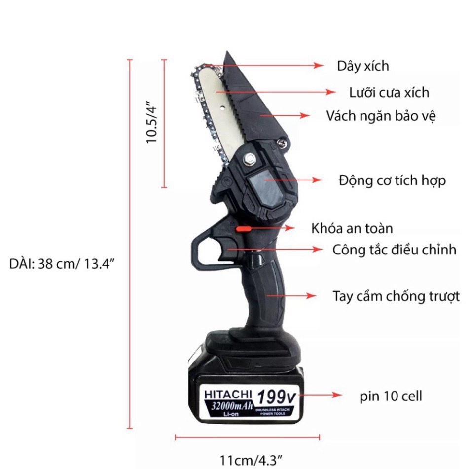 ƯU ĐÃI CƯA XÍCH CẦM TAY MINI CHẠY PIN HITACHI 199V , DÙNG CHUNG PIN MAKITA 18V  HỖ TRỢ BH 1-1 24/7