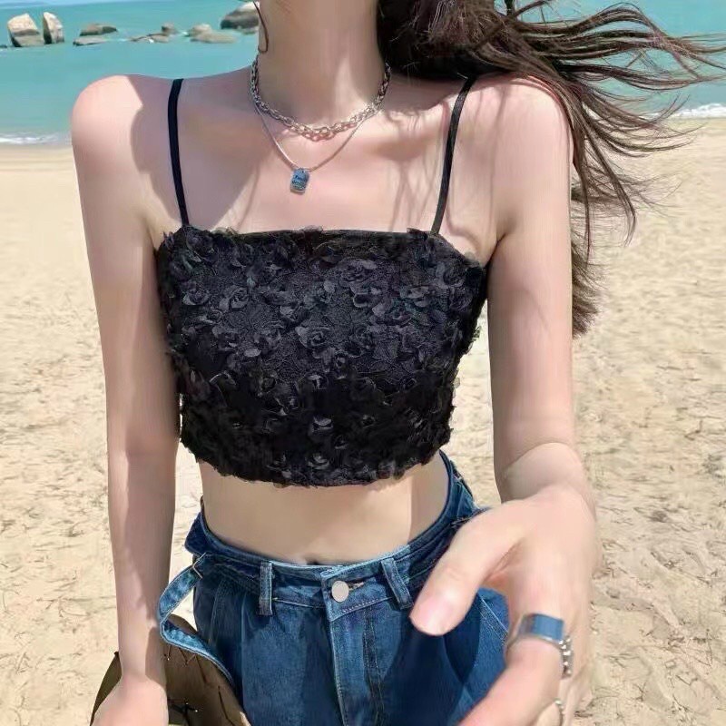 Áo bra ren 2 dây dáng croptop ren hoa hồng MS3653