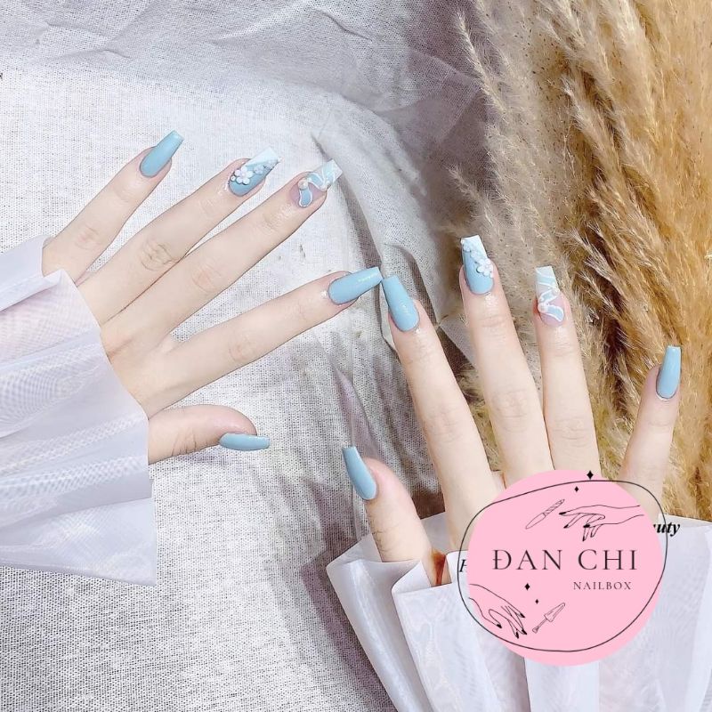 NailBox móng úp thiết kế sẵn Mẫu Xanh Đính Hoa