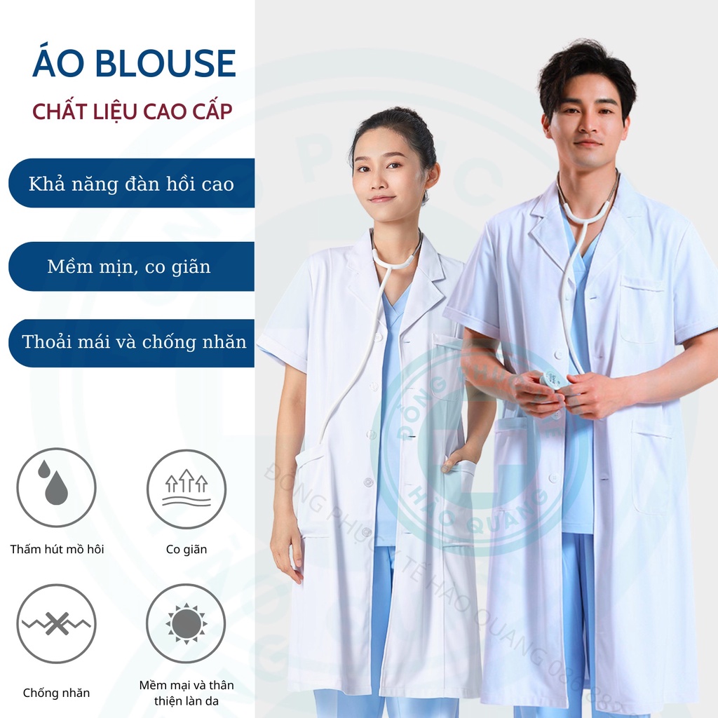 Áo Blouse trắng Hào Quang dáng dài cho bác sĩ, dược sĩ, spa, thẩm mỹ hàng cao cấp