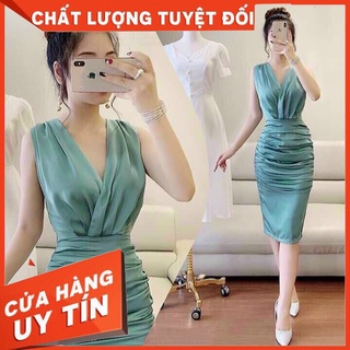 Đầm nữ body cổ chéo phối nhún eo chất liệu vải lụa satin yummyfashion1