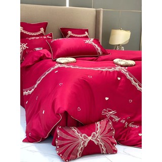 Bộ chăn ga gối cao cấp cotton lụa cưới ren đỏ