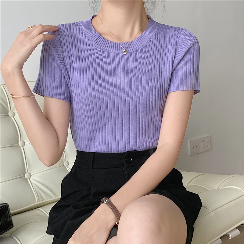 Áo Thun Dệt Kim Mỏng Tay Ngắn Cổ Tròn Thời Trang Hàn Quốc Cho Nữ