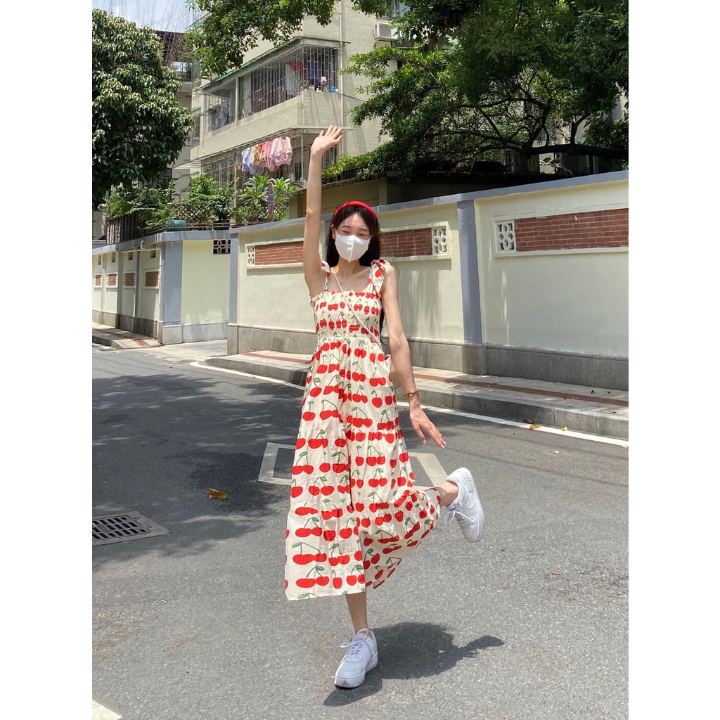 Đầm Hai Dây Họa Tiết Quả Anh Đào Thiết Kế Mới Thời Trang Mùa Hè Pháp Cho Nữ