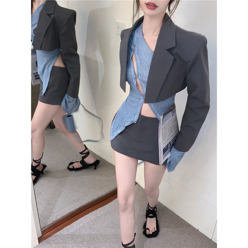 Set Áo Khoác Tay Dài + Chân Váy Ôm Hông + Áo Thun Tay Dài Phong Cách Hàn Quốc Cho Nữ