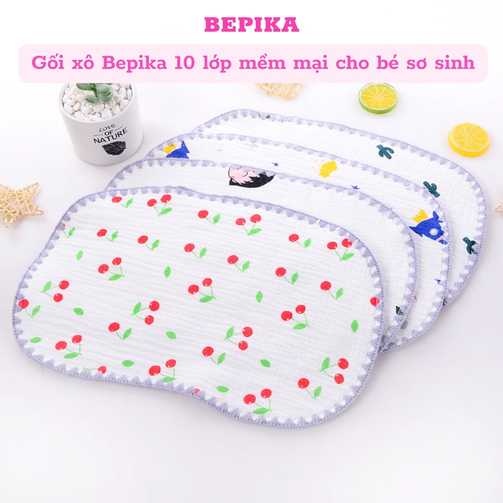 Gối xô sơ sinh 10 lớp in hình dễ thương cho bé kích thước 40 x 25cm