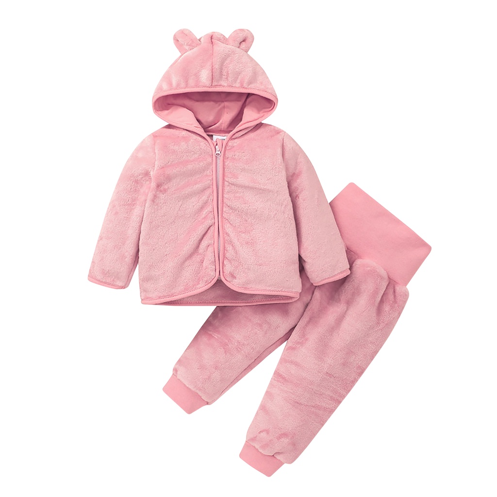 Bộ áo khoác liền quần hai mảnh lót lông cừu dày dặn in hình gấu hoạt hình dễ thương thời trang thu đông cho bé