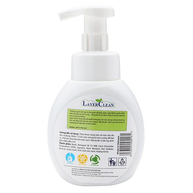 Nước Rửa Tay Hữu Cơ Diệt Khuẩn Tạo Bọt Organic Layer Clean 330ml Tinh Chất Lô Hội Và Bạc Hà Trà Xanh An Toàn Cho Da