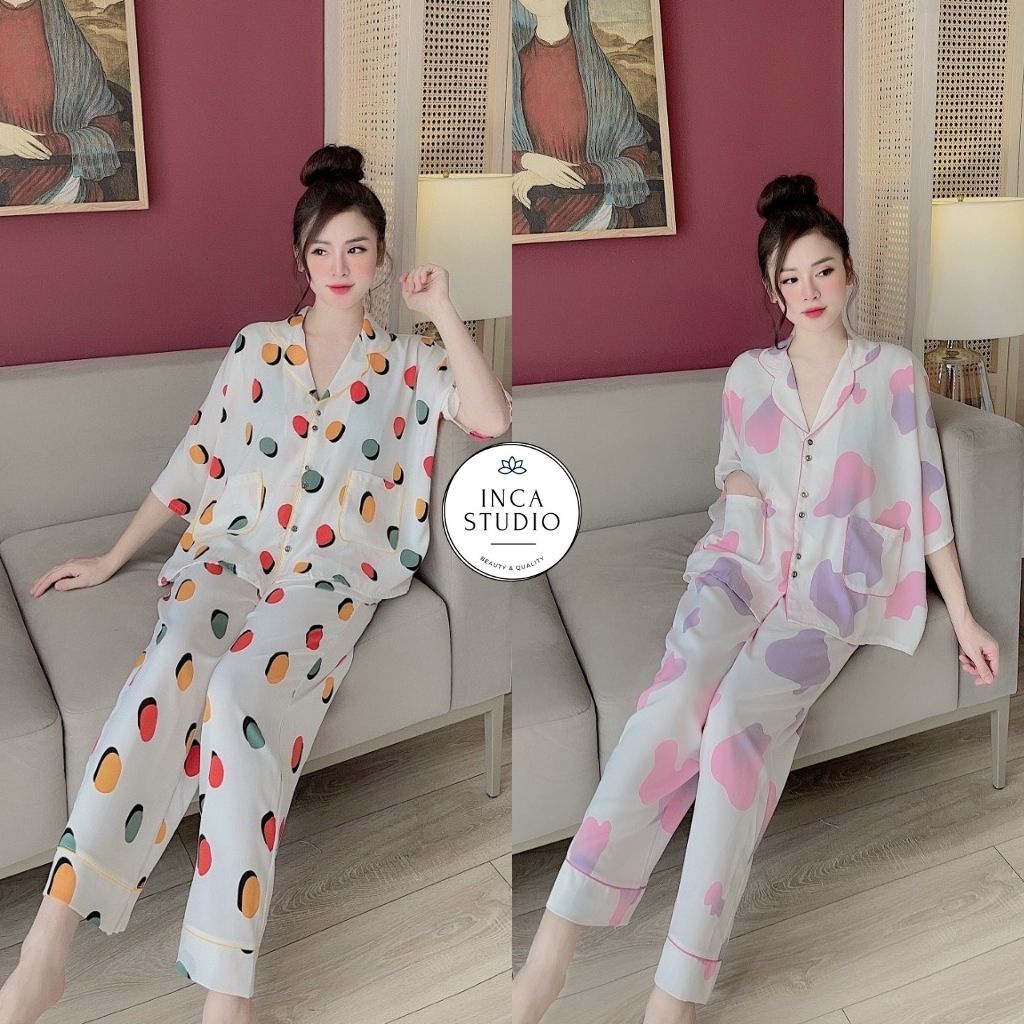 (Cam kết loại 1) Đồ ngủ Pyjama lụa mango họa tiết cao cấp INCA05- Free size dưới 65kg, Lụa mango thoáng mát