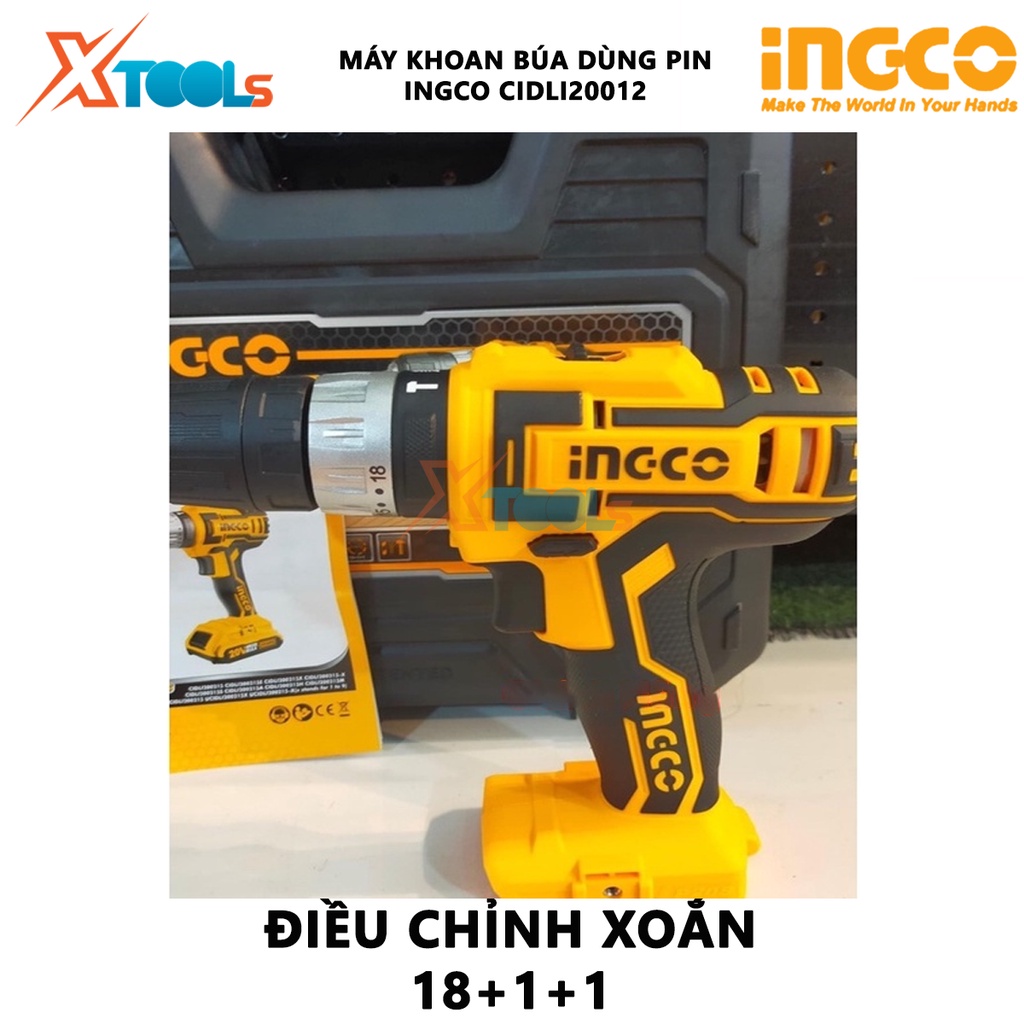 Máy khoan bê tông dùng pin 20V Ingco CIDLI20012 nhông hai tốc độ 400-1500v/p, lực đập 22500v/p, có đèn làm việc, kèm 2 p