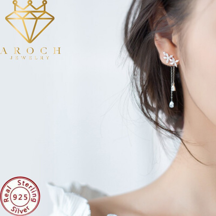 Khuyên tai bạc Ý s925 hoa đá thả dài E8924 - AROCH Jewelry