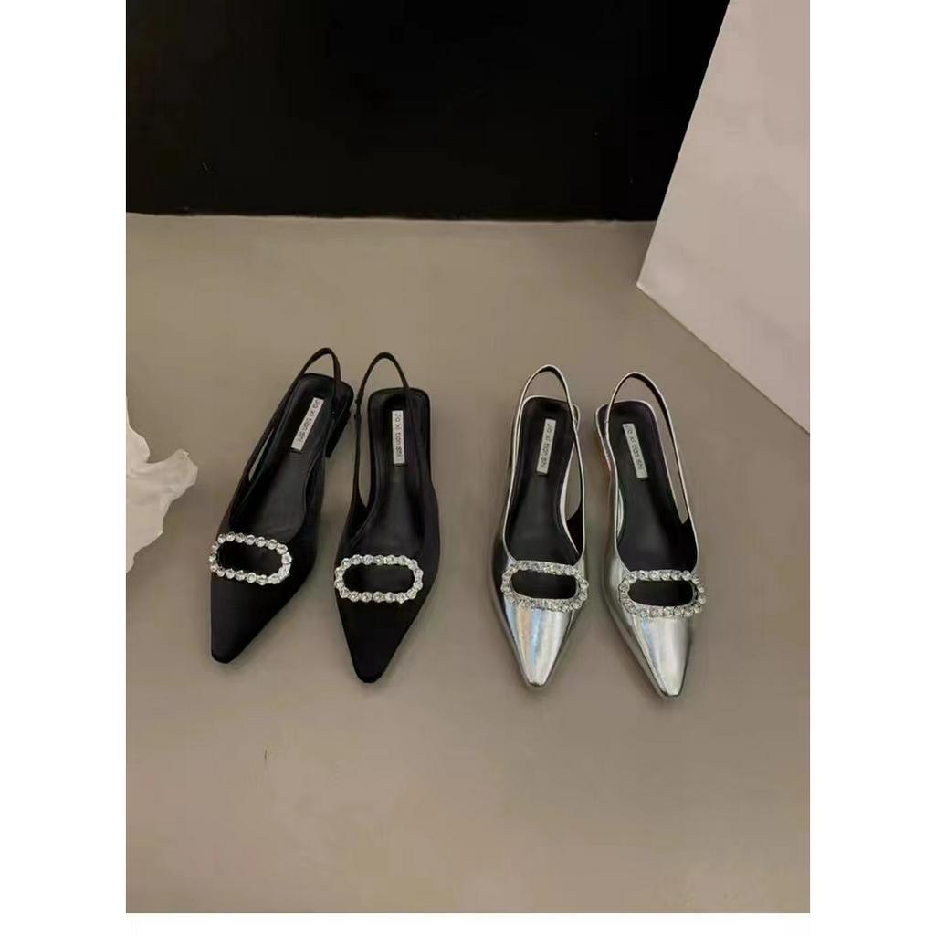 Sandal Cao Gót Mũi Nhọn Màu Đen / Bạc Thời Trang Mùa Hè 2023 Dành Cho Nữ