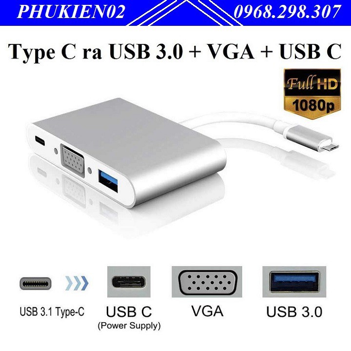 Bộ chuyển đổi Type C ra VGA + USB 3.0 + Type C