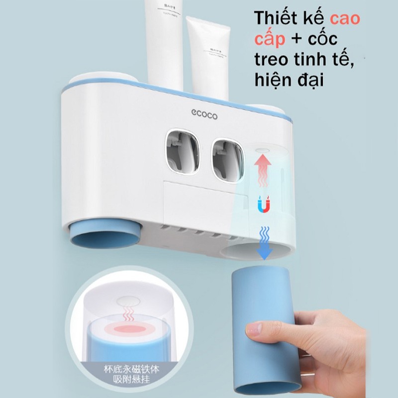 Bộ Treo Bàn Chải Nhả Kem Đánh Răng Tự Động Ecoco Dán Tường Không Cần Khoan Đục Cao Cấp Kèm 4 Cốc- Màu ngẫu nhiên GD234