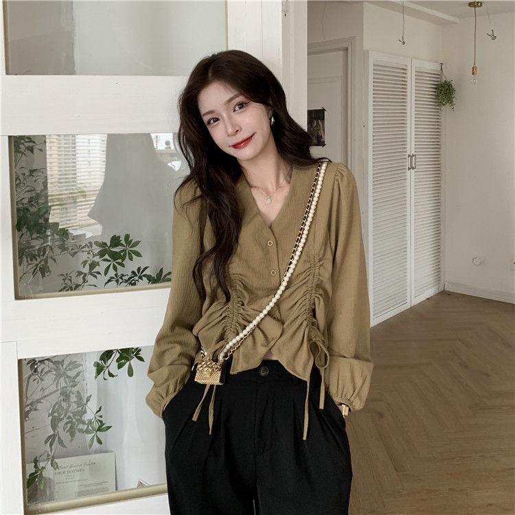 Áo Sơ Mi Cổ Chữ V Tay Dài Phối Dây Rút Phong Cách Hồng Kông Thời Trang Mùa Thu Dành Cho Nữ 2021