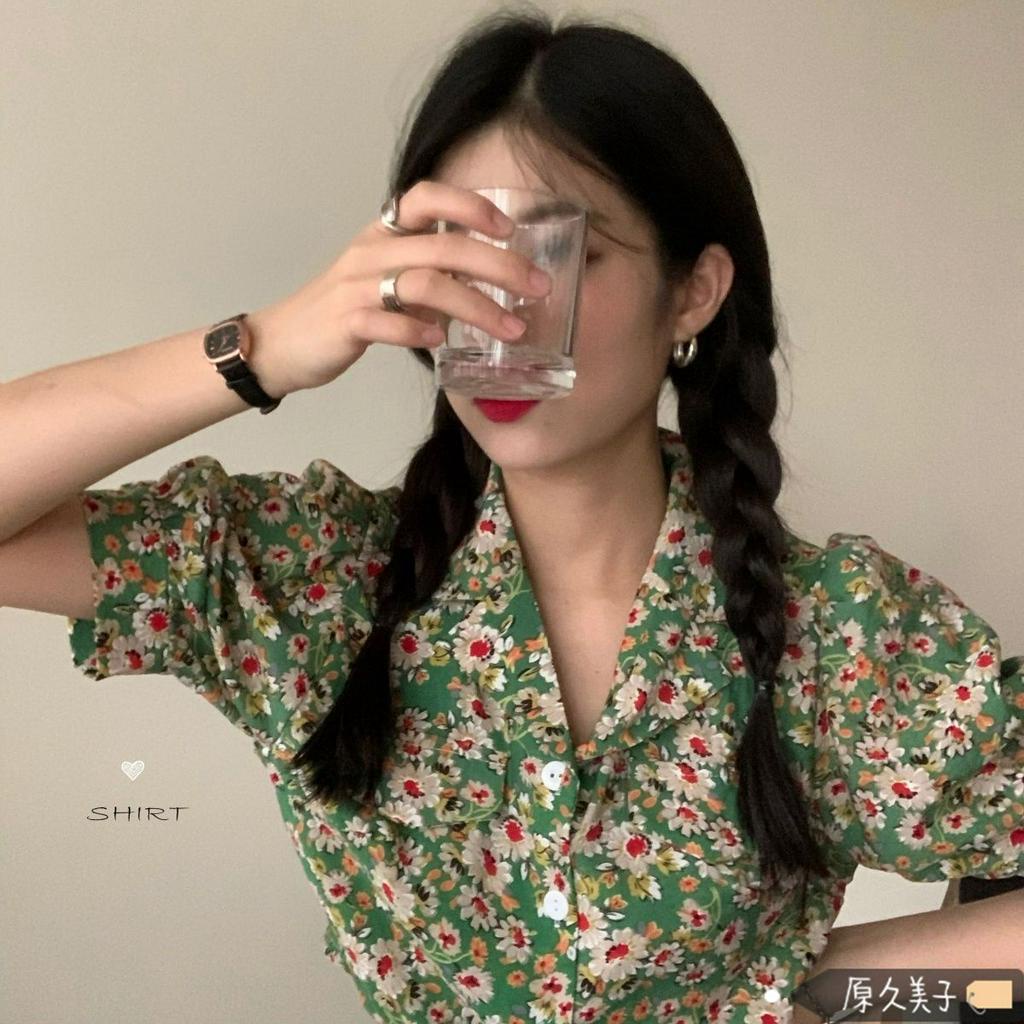 Áo Kiểu Tay Phồng Cổ Chữ V Họa Tiết Hoa Phong Cách Retro Hàn Quốc