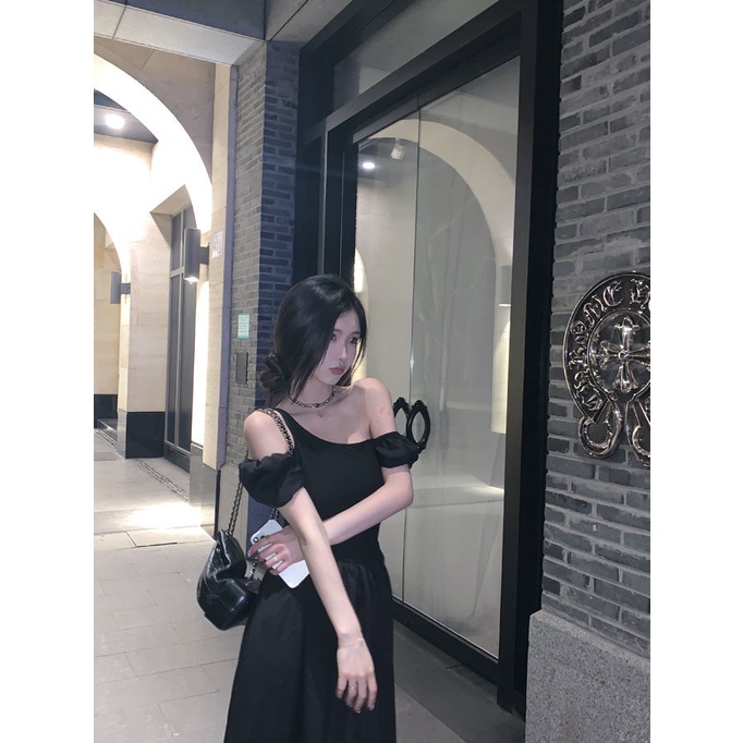 Đầm Trễ Vai Tay Ngắn Màu Đen Thời Trang Quyến Rũ Cho Nữ