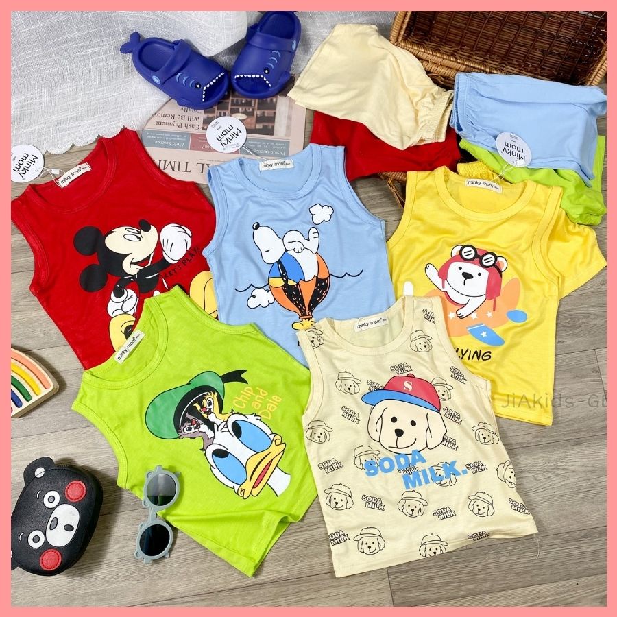 Bộ Thun Lạnh Ba Lỗ Cho Bé Trai Bé Gái 8-19kg -BL-IN25 In Hoạt Hình Vui Vẻ Chất Vải Thoáng Mát