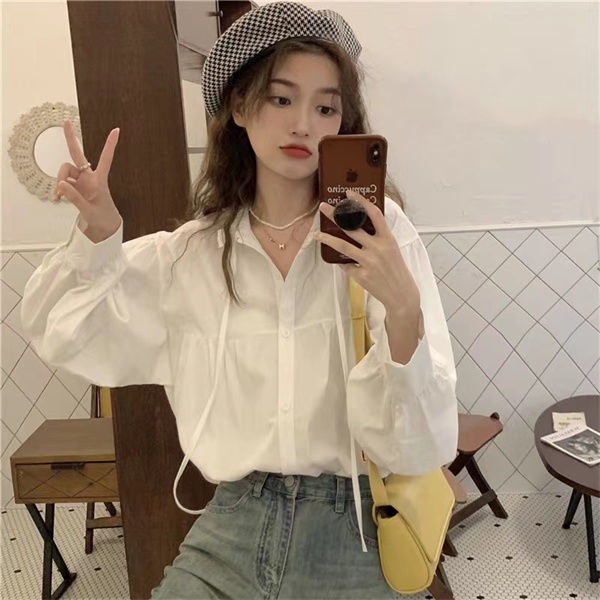 Áo Sơ Mi Tay Dài Dáng Rộng Màu Trơn Cột Dây Phong Cách Pháp Thời Trang Mới Cho Nữ