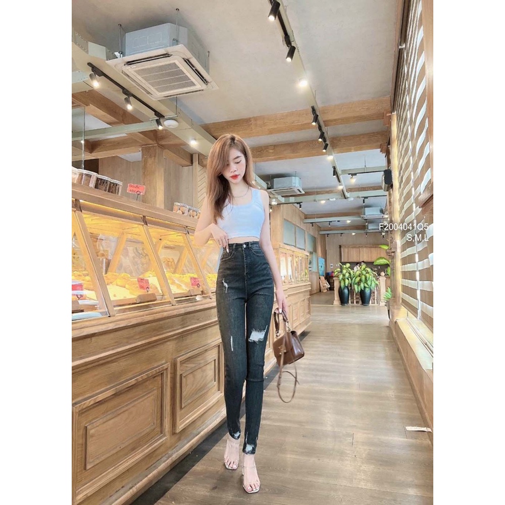 Quần jean xám dài ôm rách lưng cao!.