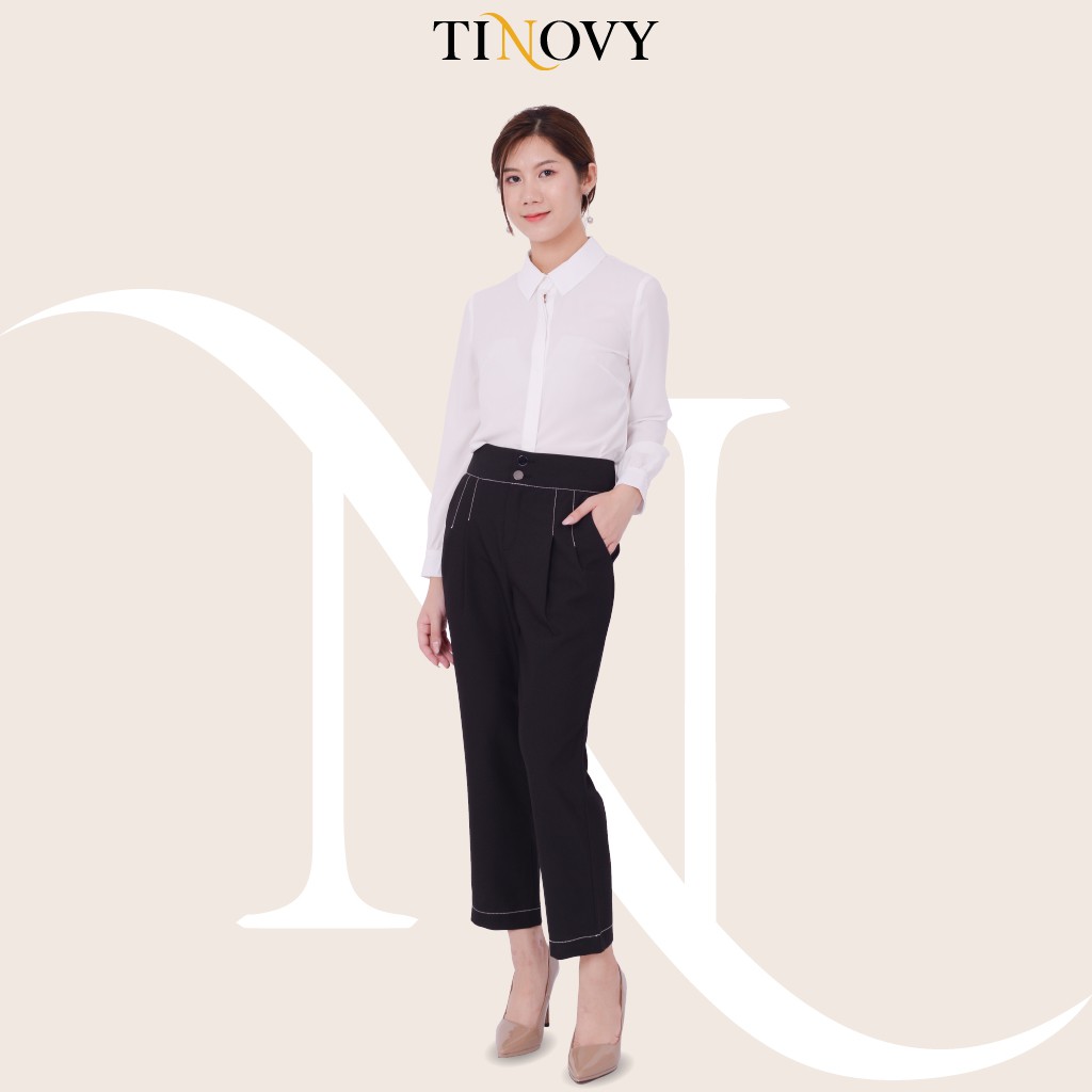 Quần Âu Nữ TINOVY Dáng Baggy Cạp Cao Phối Viền Chỉ Trắng Có Túi H0591