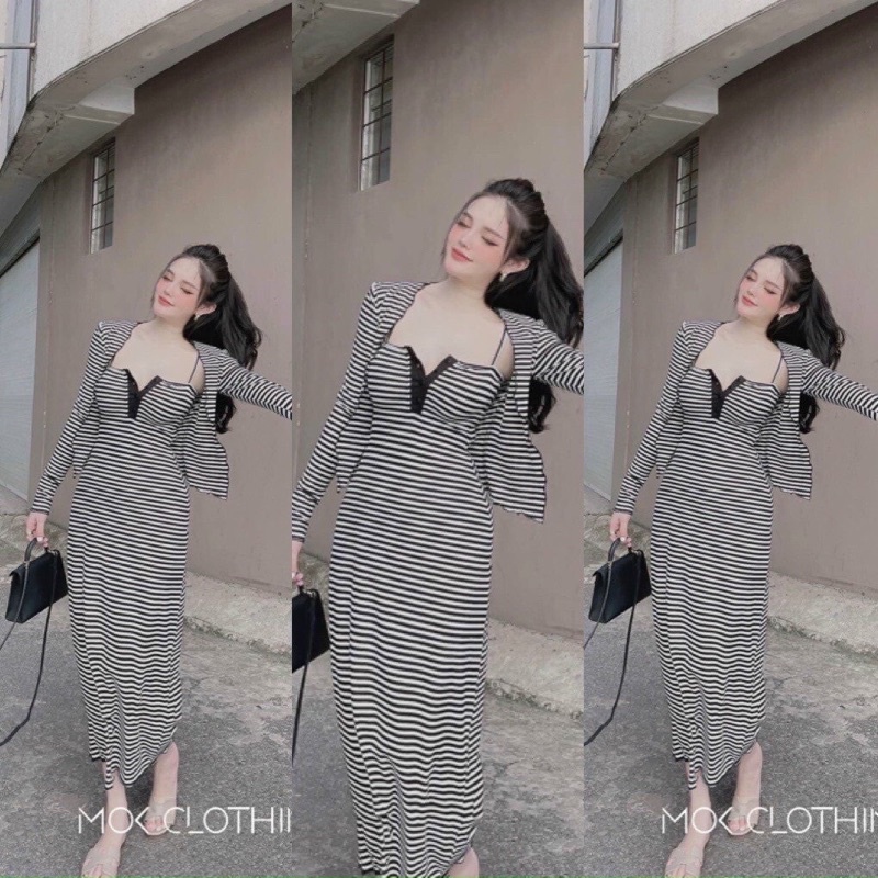 Set đầm Bầu ,váy bầu ôm body bigsize 60-70kg sọc kẻ ngang đi chơi, du lịch, đi tiệc 001