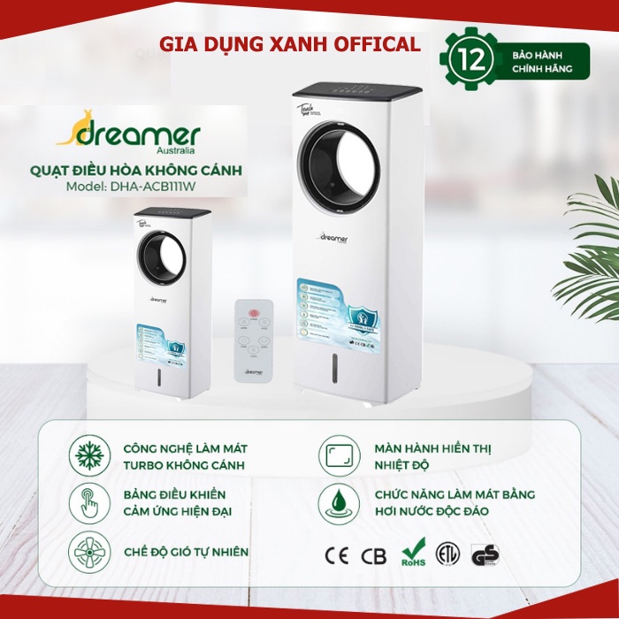 Quạt Điều Hòa Không Cánh hơi nước Dreamer DHA-ACB111W, 3 tốc độ quạt và 3 chế độ gió, Tặng kèm 2 bình đá khô, Sale Sốc!