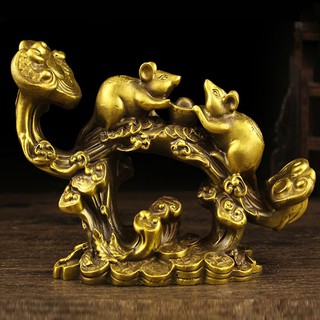 Tượng đôi chuột trên gậy như ý bằng đồng thau phong thủy Hồng Thắng