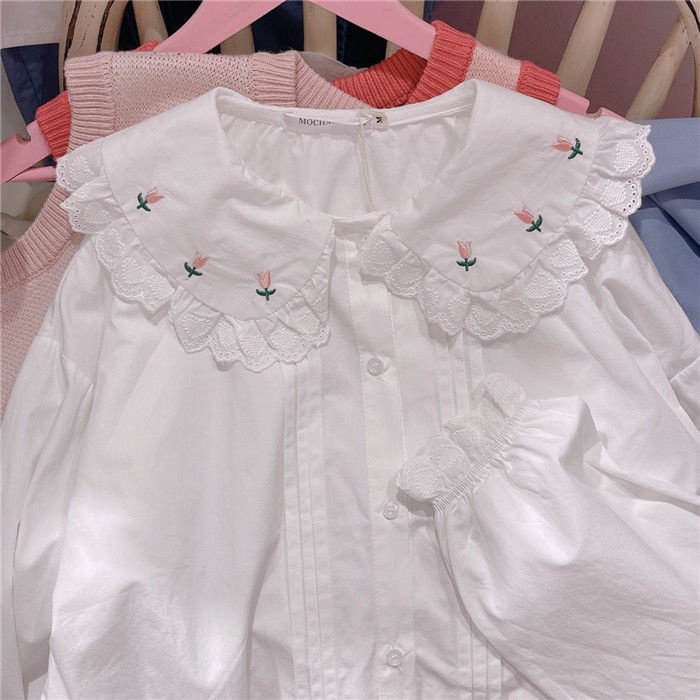 Áo Sơ Mi Tay Dài Cổ Búp Bê Phối Ren Phong Cách retro Nhật Bản Cho Nữ