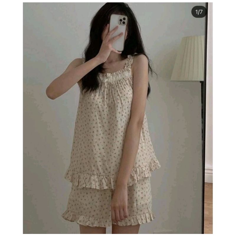 [ Ảnh thật ] Sét bộ mặc nhà hai dây hoa nhí viền ren siêu xinh