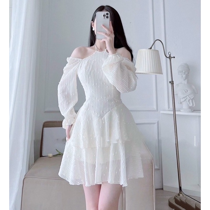 Đầm ren trắng cổ yếm dây thắt nơ rớt tay phồng bèo tầng (ảnh thật)