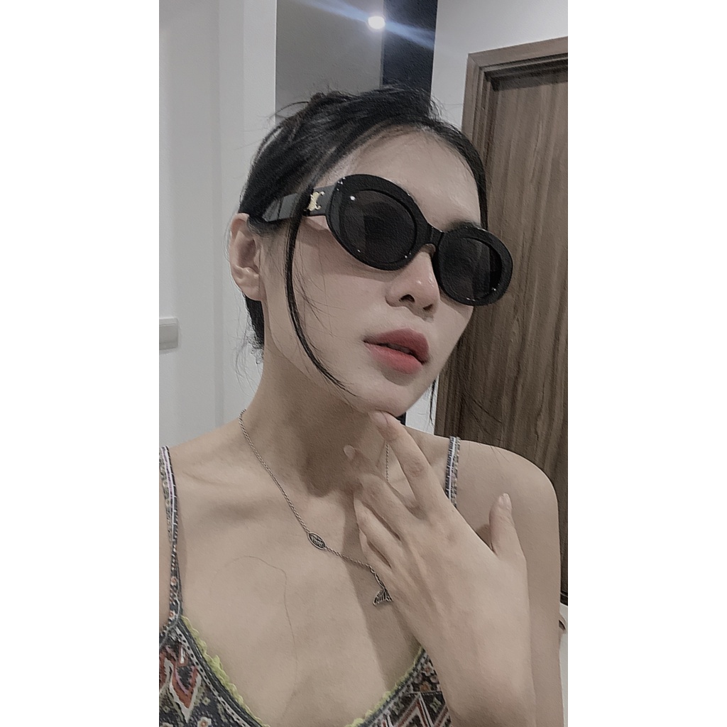 Kính mát gọng hình tròn màu đen tròng màu đen chống UV 400 ảnh thật