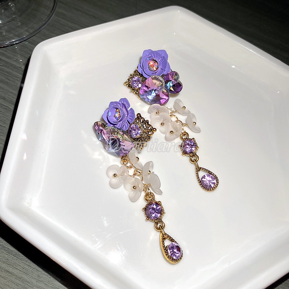 Bông Tai Hình Hoa Tím Đính Đá Pha Lê Phong Cách Retro Dễ Phối Đồ Thời Trang Cho Nữ